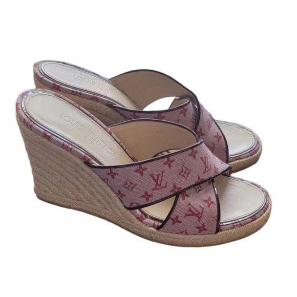 Vintage LOUIS VUITTON Espadrille Wedge Sandals Pink Monogram EU 38.5 US 8 Y2K - Picture 1 of 11